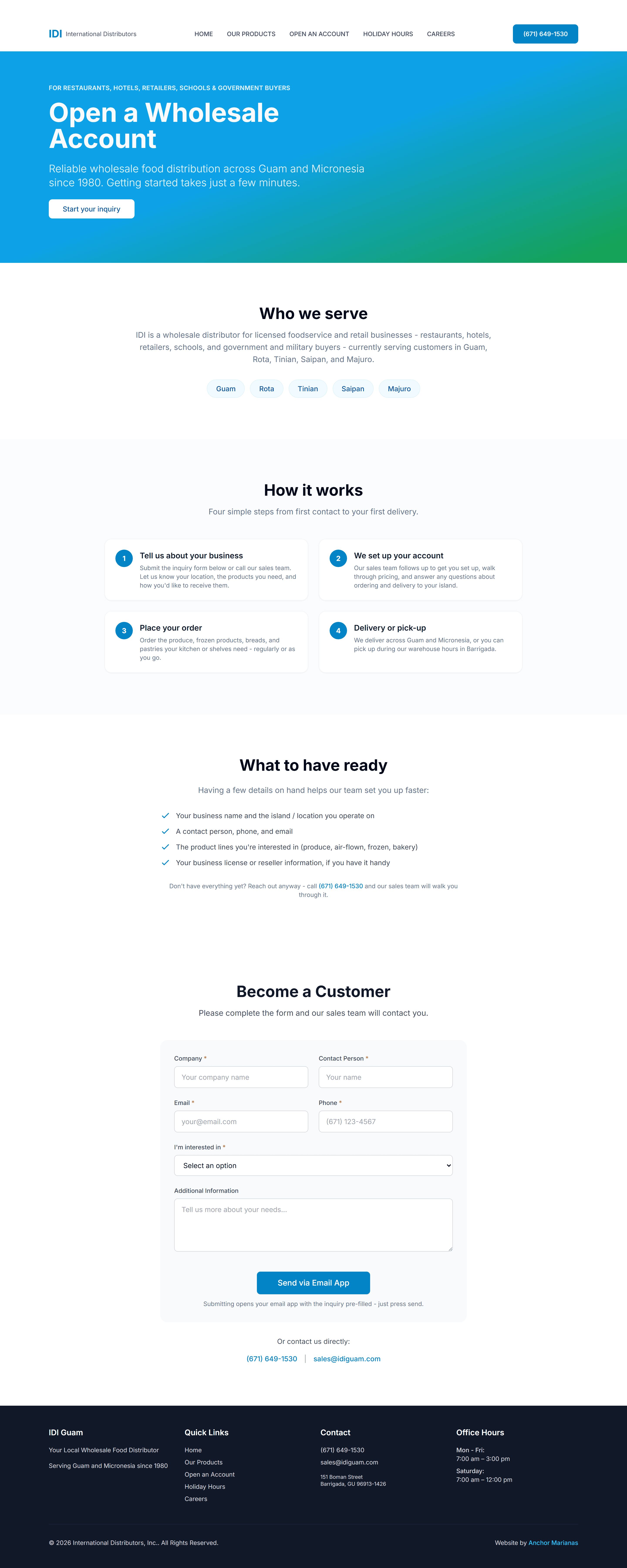 Open a Wholesale Account lead-capture funnel